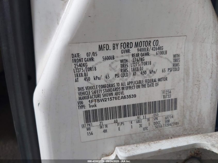 2006 Ford F-250 Lariat/Xl/Xlt VIN: 1FTSW21576EA63539 Lot: 43303775