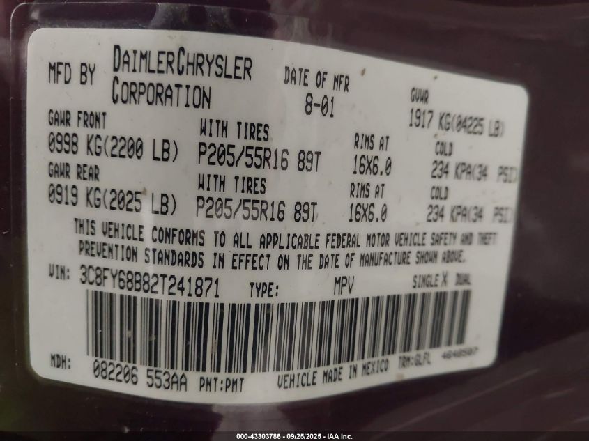 2002 Chrysler Pt Cruiser Limited VIN: 3C8FY68B82T241871 Lot: 43303786