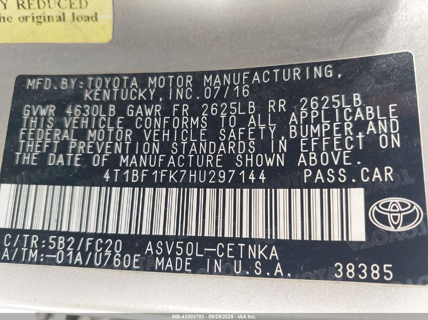 2017 Toyota Camry Le VIN: 4T1BF1FK7HU297144 Lot: 43303793