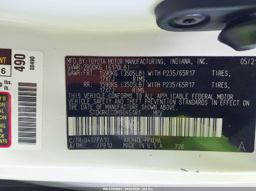 2021 Toyota Sienna Le VIN: 5TDKRKEC0MS045181 Lot: 43303803