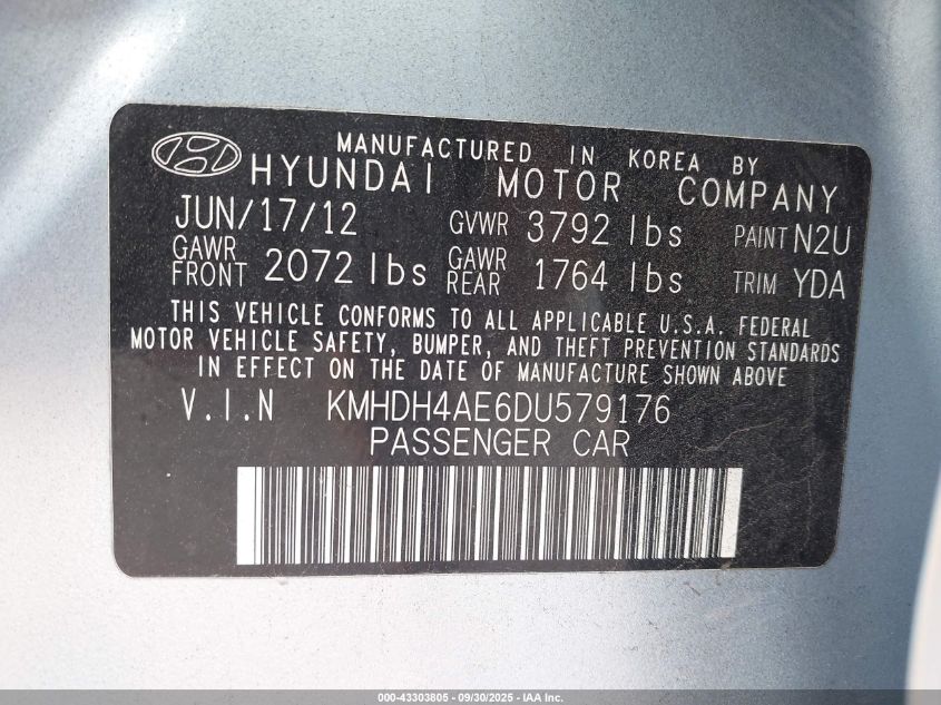2013 Hyundai Elantra Gls VIN: KMHDH4AE6DU579176 Lot: 43303805