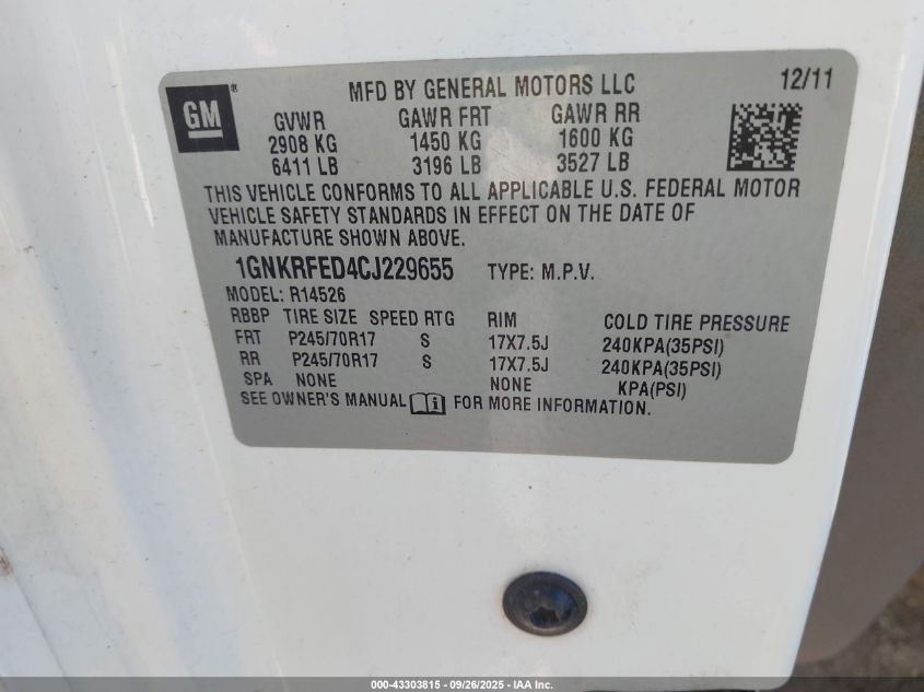 2012 Chevrolet Traverse Ls VIN: 1GNKRFED4CJ229655 Lot: 43303815