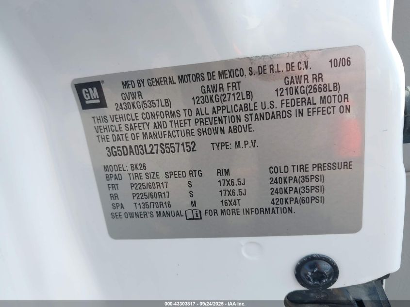 2007 Buick Rendezvous Cx VIN: 3G5DA03L27S557152 Lot: 43303817