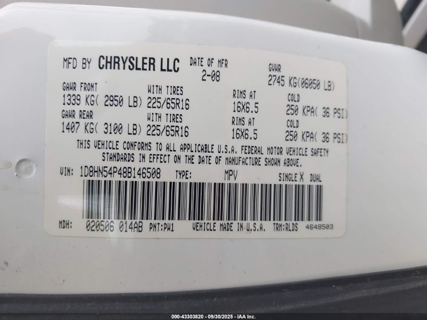 2008 Dodge Grand Caravan Sxt VIN: 1D8HN54P48B146508 Lot: 43303820