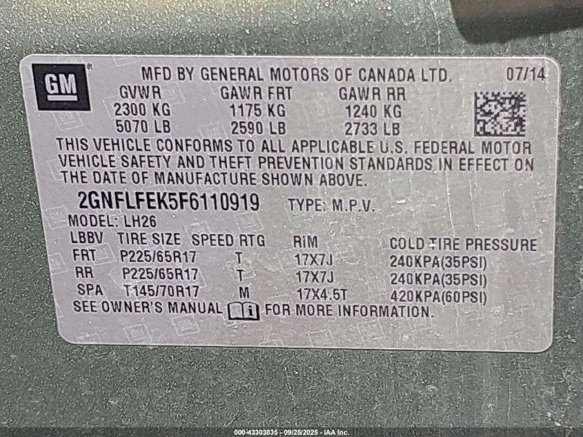 2015 Chevrolet Equinox 1Lt VIN: 2GNFLFEK5F6110919 Lot: 43303835