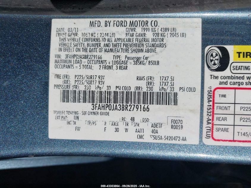 2011 Ford Fusion Sel VIN: 3FAHP0JA3BR279166 Lot: 43303864