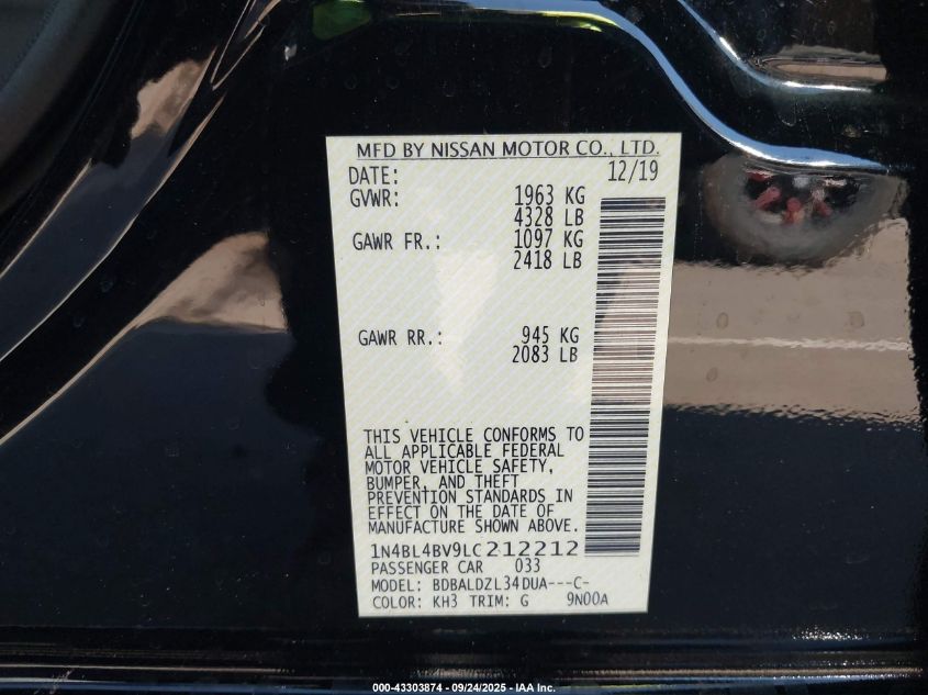 2020 Nissan Altima S Fwd VIN: 1N4BL4BV9LC212212 Lot: 43303874