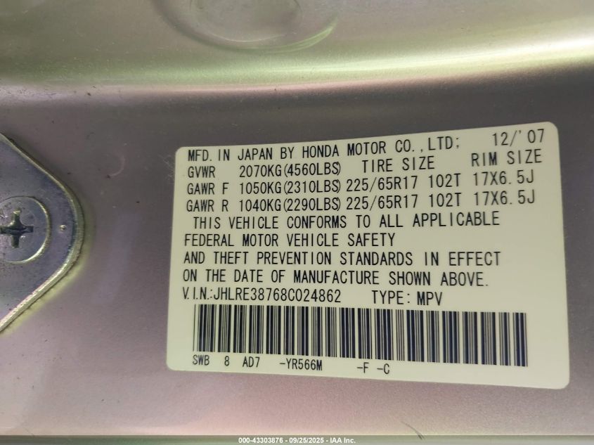 2008 Honda Cr-V Ex-L VIN: JHLRE38768C024862 Lot: 43303876