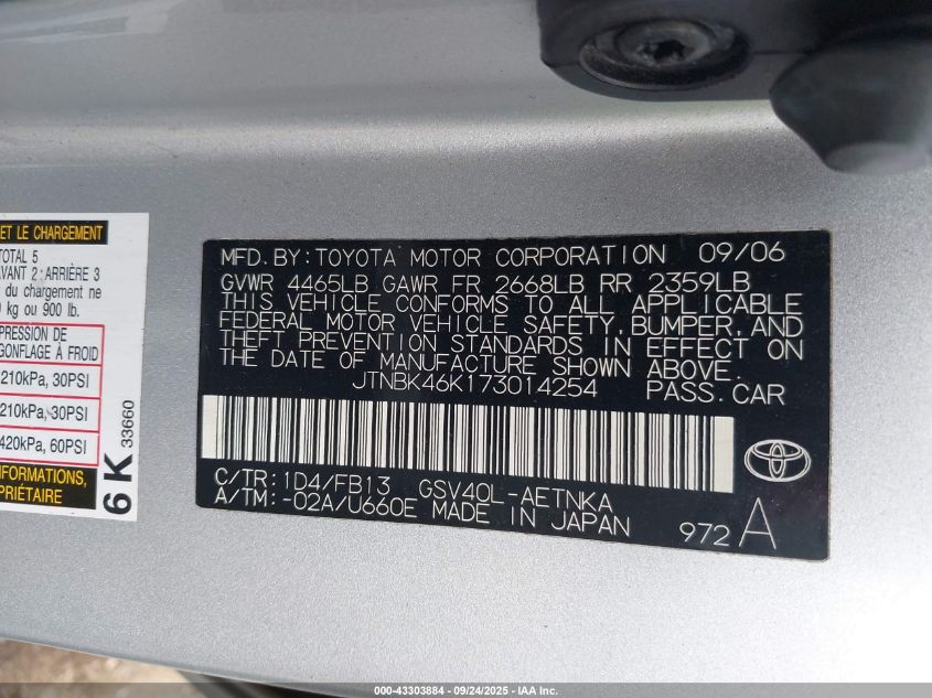 2007 Toyota Camry Le V6 VIN: JTNBK46K173014254 Lot: 43303884