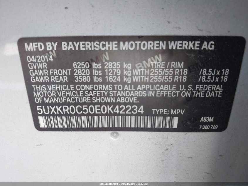 2014 BMW X5 xDrive35I VIN: 5UXKR0C50E0K42234 Lot: 43303901