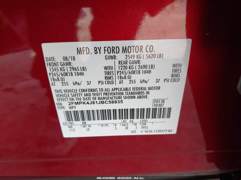 2FMPK4J81JBC58835 2018 FORD EDGE photo no. 9