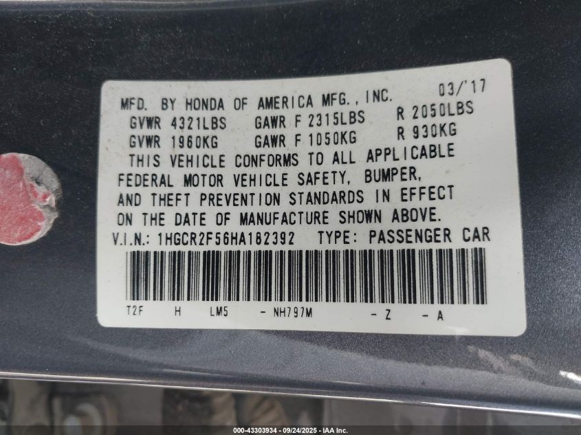 2017 Honda Accord Sport VIN: 1HGCR2F56HA182392 Lot: 43303934