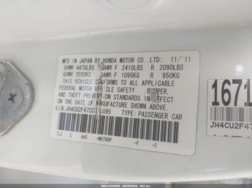 2012 Acura Tsx 2.4 VIN: JH4CU2F47CC010095 Lot: 43303956