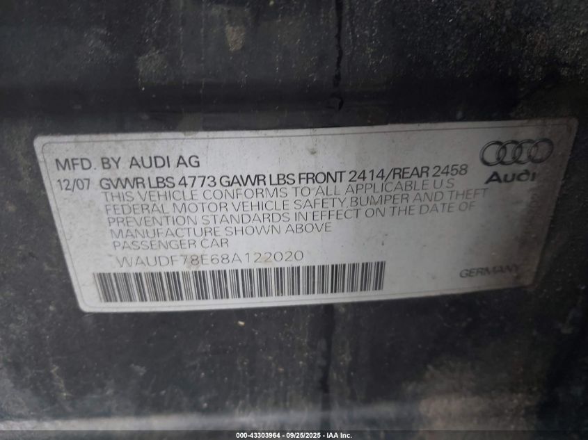 2008 Audi A4 2.0T VIN: WAUDF78E68A122020 Lot: 43303964