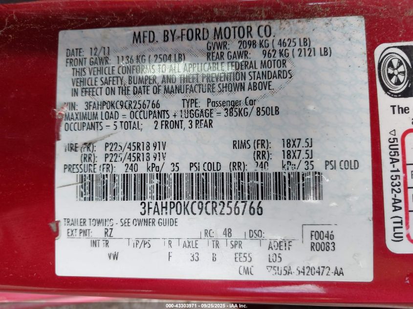 2012 Ford Fusion Sport VIN: 3FAHP0KC9CR256766 Lot: 43303971