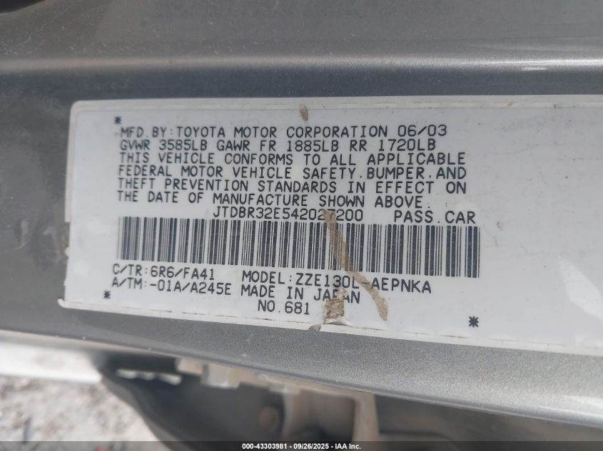 2004 Toyota Corolla Le VIN: JTDBR32E542027200 Lot: 43303981