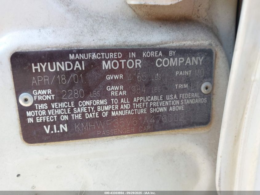 2001 Hyundai Sonata Gls/Gls W/Leather VIN: KMHWF35V61A476002 Lot: 43303984