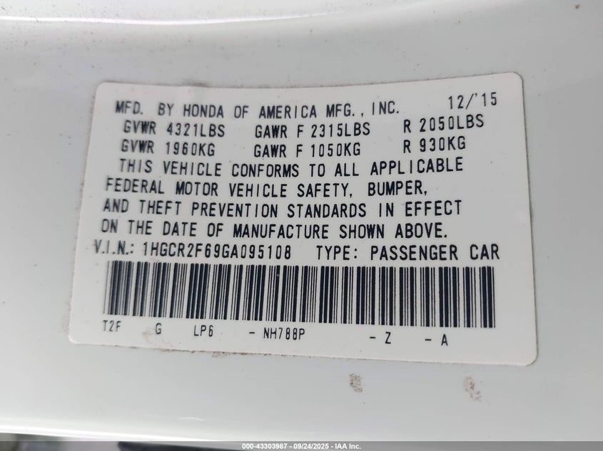 1HGCR2F69GA095108 2016 HONDA ACCORD photo no. 9
