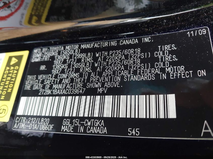 2010 Lexus Rx 350 VIN: 2T2BK1BAXAC039647 Lot: 43303989