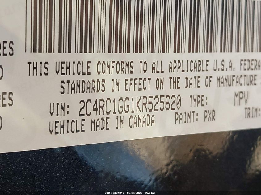 2019 Chrysler Pacifica Limited VIN: 2C4RC1GG1KR525620 Lot: 43304010