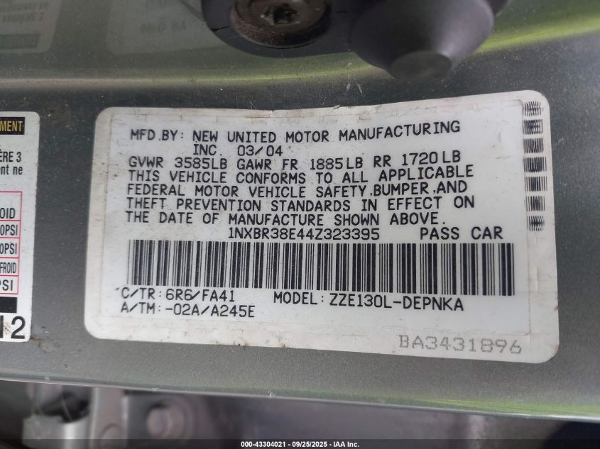 2004 Toyota Corolla Le VIN: 1NXBR38E44Z323395 Lot: 43304021