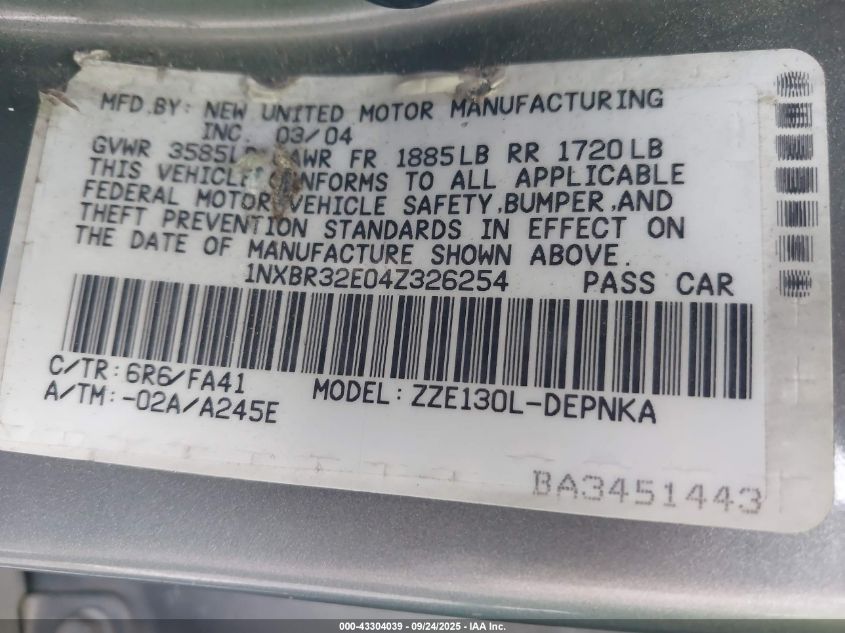 2004 Toyota Corolla Le VIN: 1NXBR32E04Z326254 Lot: 43304039