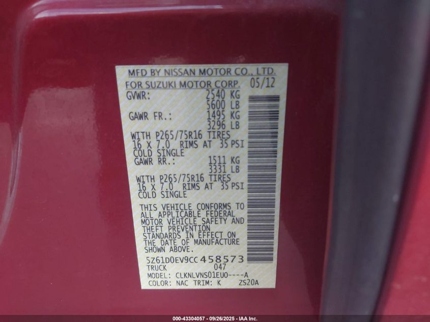 2012 Suzuki Equator Rmz-4 VIN: 5Z61D0EV9CC458573 Lot: 43304057
