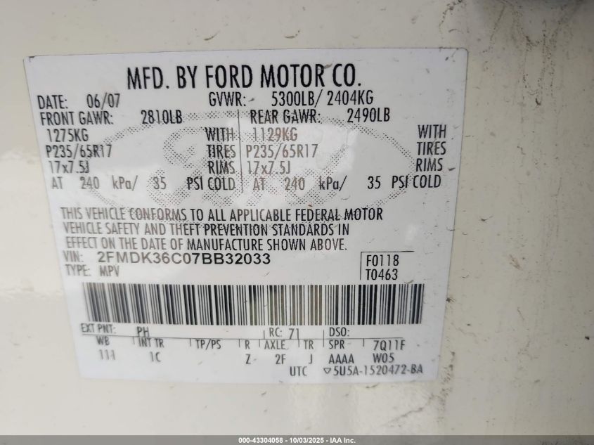 2007 Ford Edge Se VIN: 2FMDK36C07BB32033 Lot: 43304058