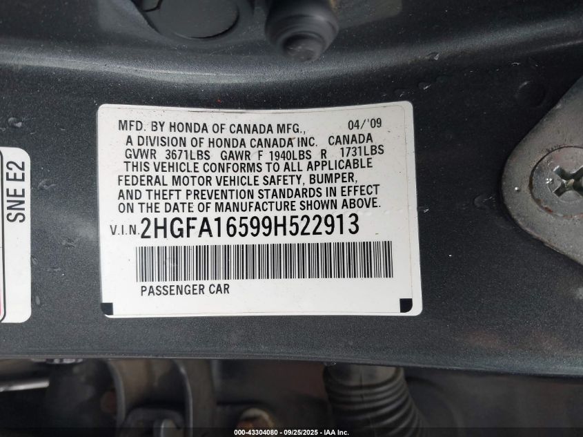 2009 Honda Civic Lx VIN: 2HGFA16599H522913 Lot: 43304080