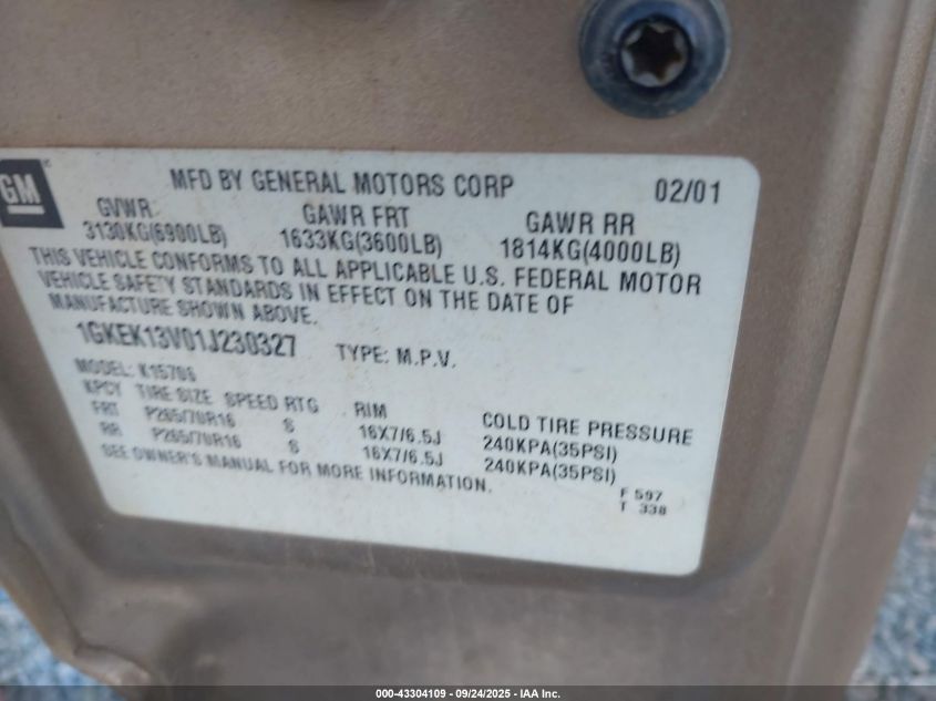 2001 GMC Yukon Sle VIN: 1GKEK13V01J230327 Lot: 43304109