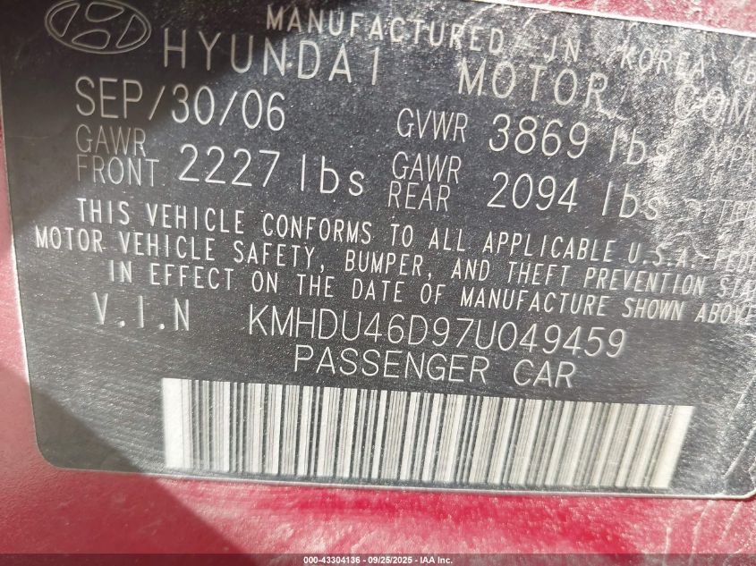 2007 Hyundai Elantra Gls/Limited/Se VIN: KMHDU46D97U049459 Lot: 43304136