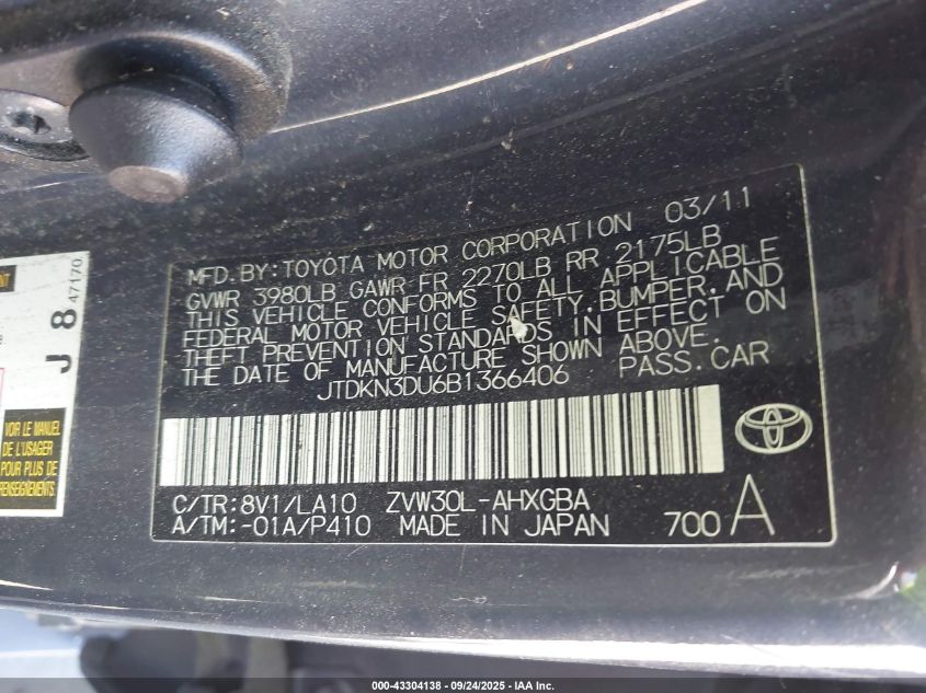 2011 Toyota Prius Four VIN: JTDKN3DU6B1366406 Lot: 43304138