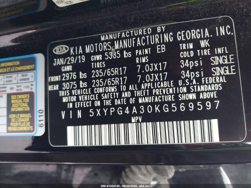 2019 Kia Sorento 2.4L Lx VIN: 5XYPG4A30KG569597 Lot: 43304146