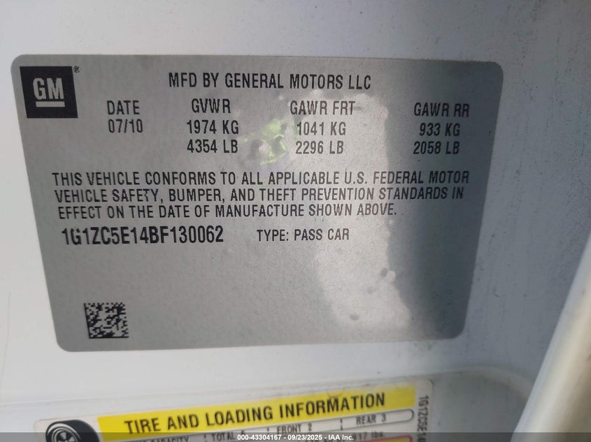 2011 Chevrolet Malibu 1Lt VIN: 1G1ZC5E14BF130062 Lot: 43304167