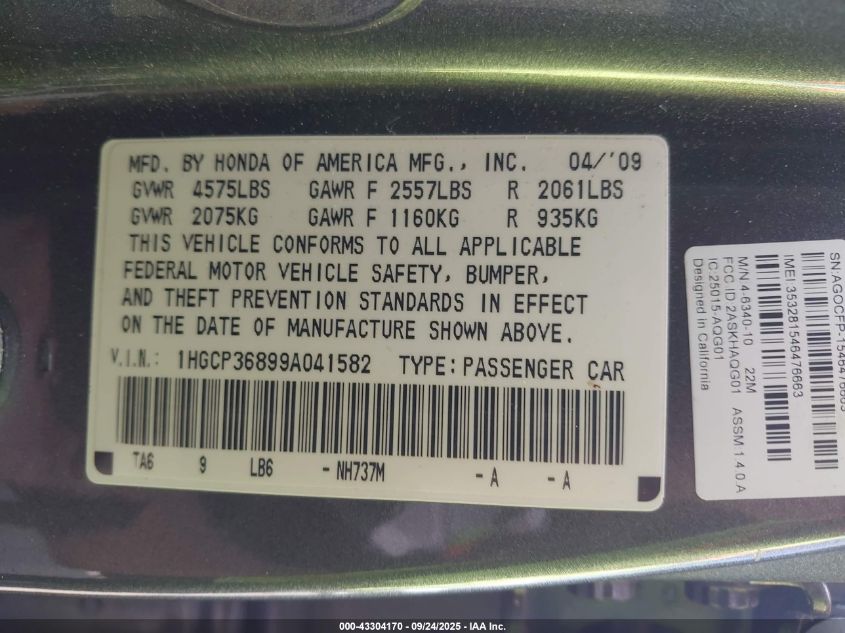 2009 Honda Accord 3.5 Ex-L VIN: 1HGCP36899A041582 Lot: 43304170