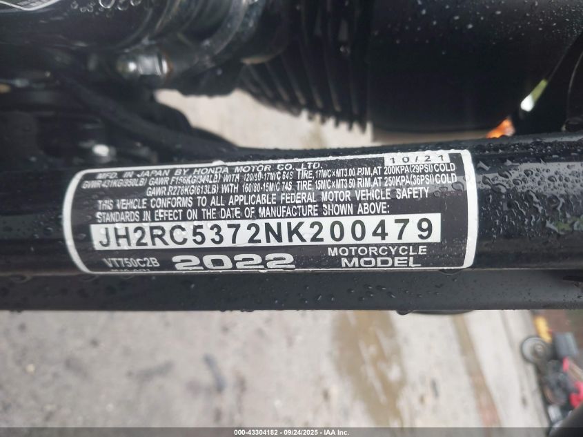 2022 Honda Vt750 C2B VIN: JH2RC5372NK200479 Lot: 43304182