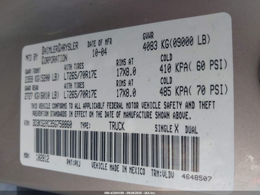 2005 Dodge Ram 2500 Slt/Laramie VIN: 3D3KS28C35G758860 Lot: 43304189