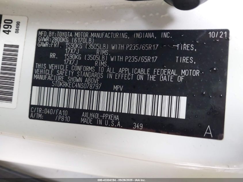 2022 Toyota Sienna Le VIN: 5TDKRKEC4NS078797 Lot: 43304194