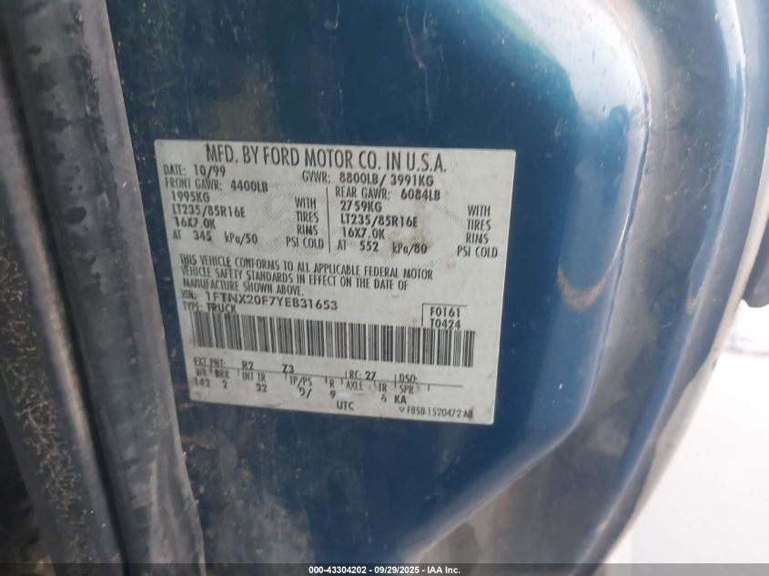 2000 Ford F-250 Lariat/Xl/Xlt VIN: 1FTNX20F7YEB31653 Lot: 43304202