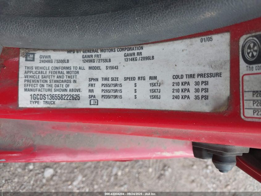 2005 Chevrolet Colorado Ls VIN: 1GCDS136558222625 Lot: 43304204