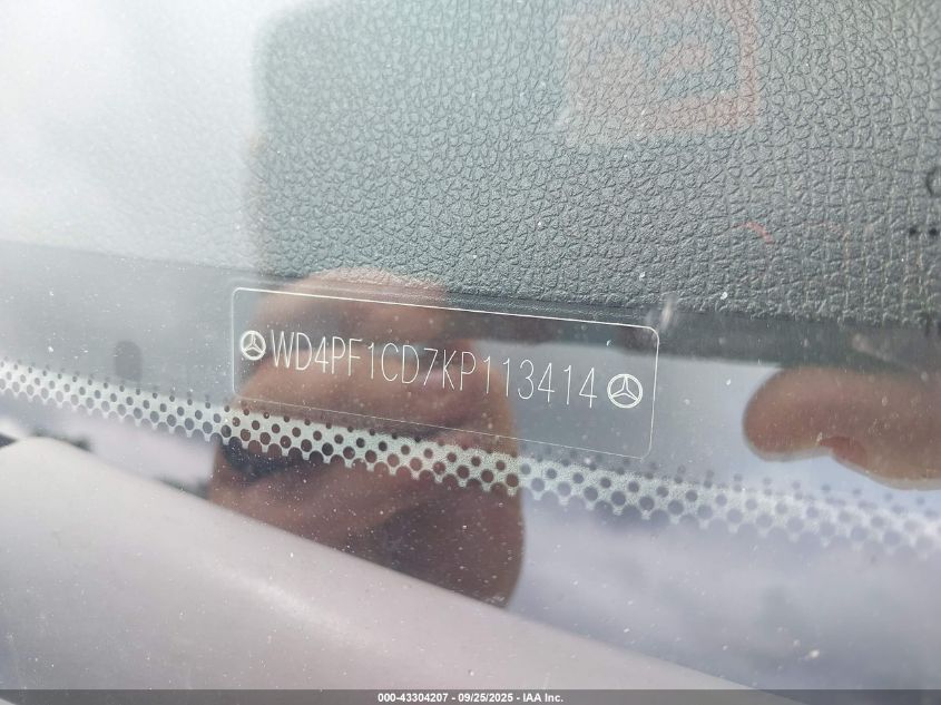 2019 Mercedes-Benz Sprinter 2500 High Roof V6 VIN: WD4PF1CD7KP113414 Lot: 43304207