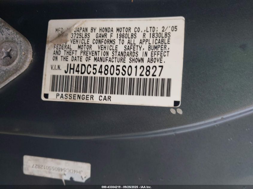 2005 Acura Rsx VIN: JH4DC54805S012827 Lot: 43304219