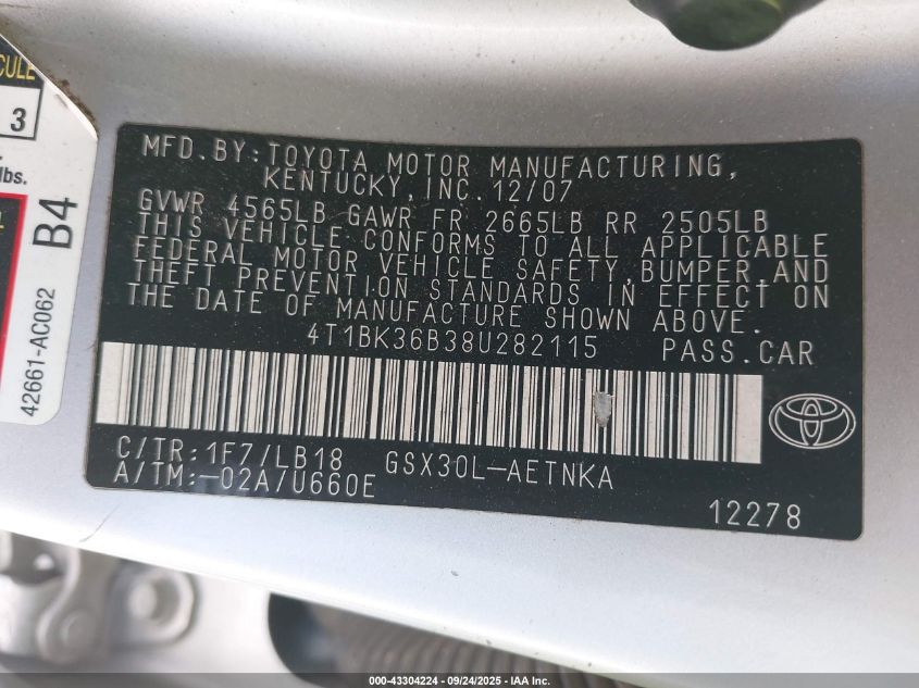 2008 Toyota Avalon Touring VIN: 4T1BK36B38U282115 Lot: 43304224