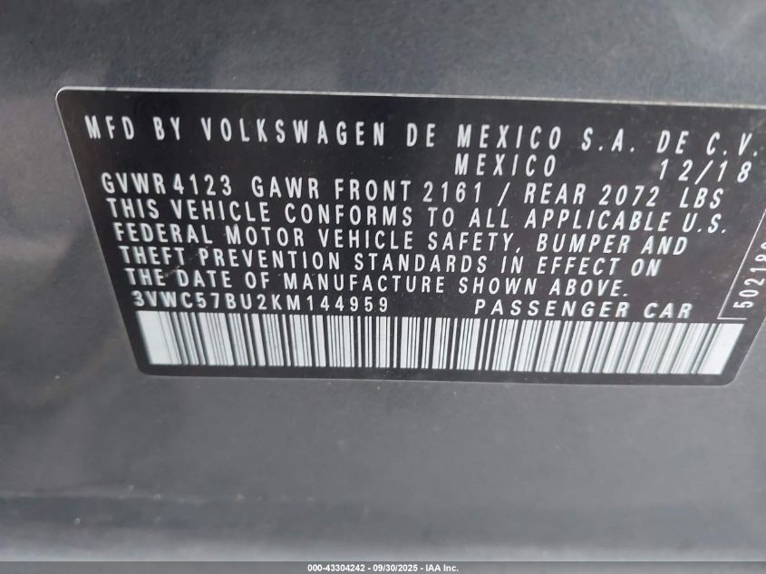 2019 Volkswagen Jetta 1.4T R-Line/1.4T S/1.4T Se VIN: 3VWC57BU2KM144959 Lot: 43304242
