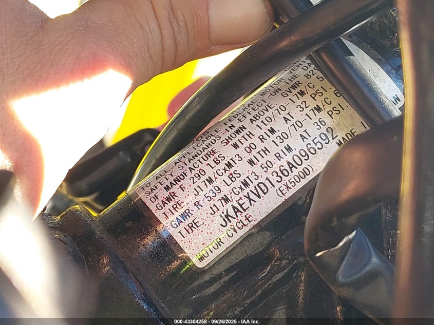 2006 Kawasaki Ex500 D VIN: JKAEXVD136A096592 Lot: 43304258