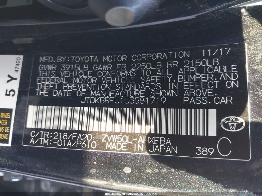 2018 Toyota Prius Two VIN: JTDKBRFU1J3581719 Lot: 43304270