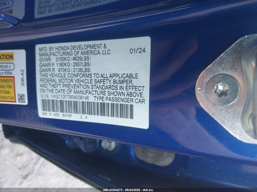 2024 Honda Accord Hybrid Sport-L VIN: 1HGCY2F79RA038146 Lot: 43304273