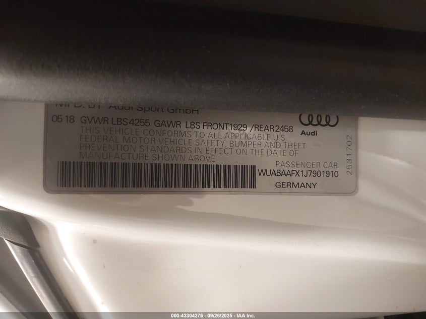 2018 Audi R8 5.2 V10 VIN: WUABAAFX1J7901910 Lot: 43304276