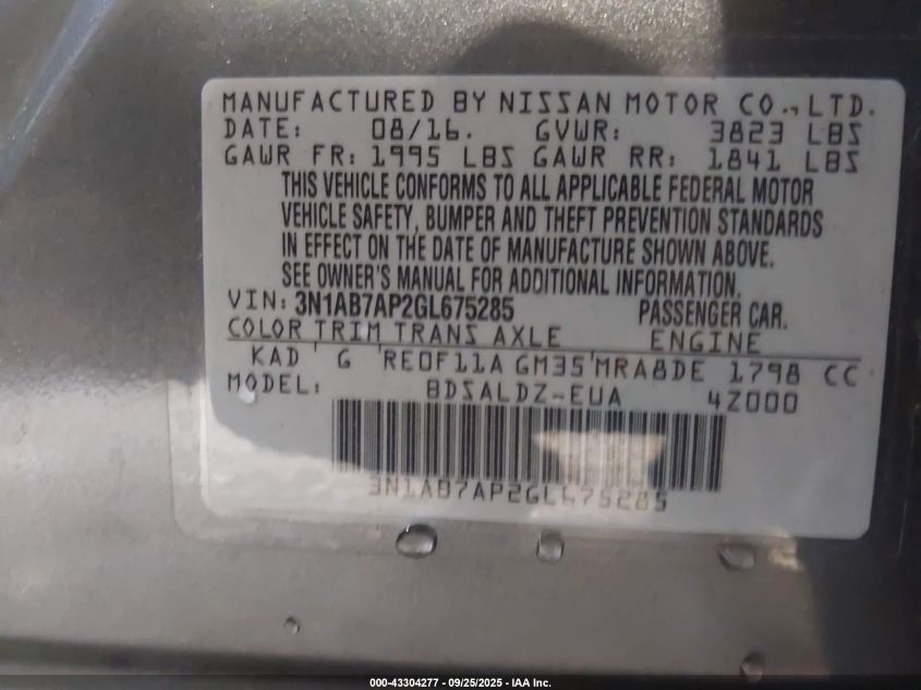 2016 Nissan Sentra Sv VIN: 3N1AB7AP2GL675285 Lot: 43304277