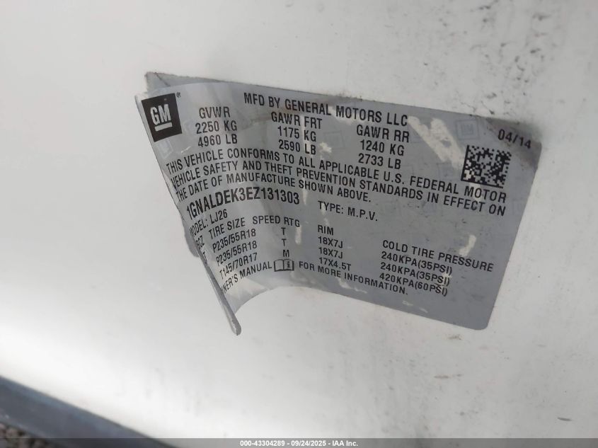 2014 Chevrolet Equinox Ltz VIN: 1GNALDEK3EZ131303 Lot: 43304289